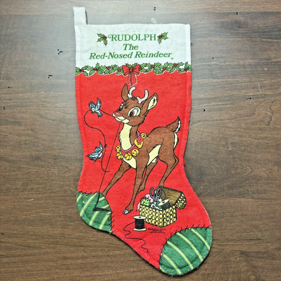 Vtg Rudolph the Red Nosed Reindeer Christmas Stocking Robert May Felt 80s Retro - Picture 1 of 9
